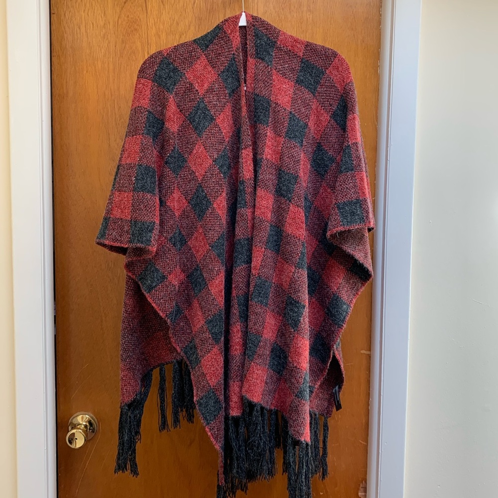 Warm Red & Dark Grey Checkered Blanket Cardigan